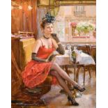 Konstantin Razumov (1974- ) Russian. “In Excelsior Café”, a Young Lady Seated at a Table dressed