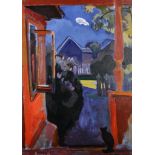 Viktor Fedorovitch Vassine (1919-1997) Russian. “The Black Cat”, in a Moonlit Landscape, Oil on