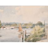 Frank Sherwin (1896-1985) British. A River Landscape with a Sailing Boat, Watercolour, Signed, 13” x