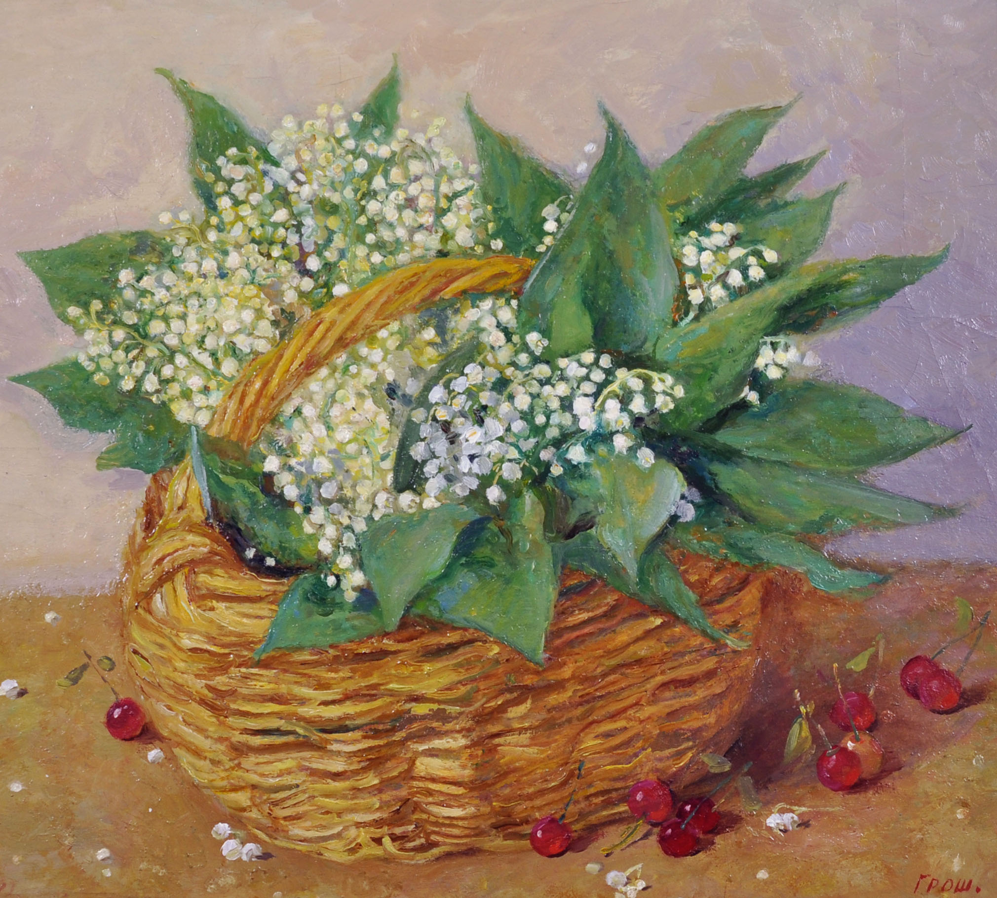 Valentina Sergeevna Groch (1961- ) Russian. A Still Life of Lily of the Valley in a Basket Oil on