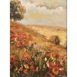 Monies (20th Century) European. Poppies in a Landscape, Oil on Artist’s Board, Signed, 19.5” x 15.