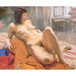 20th Century Russian School. A Reclining Nude, Oil on Board, Signed in Cyrillic, and Signed on the