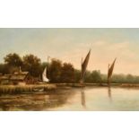 Percy Lionel (19th -20th Century) British. Hay Barges in a Tranquil River Landscape, Oil on