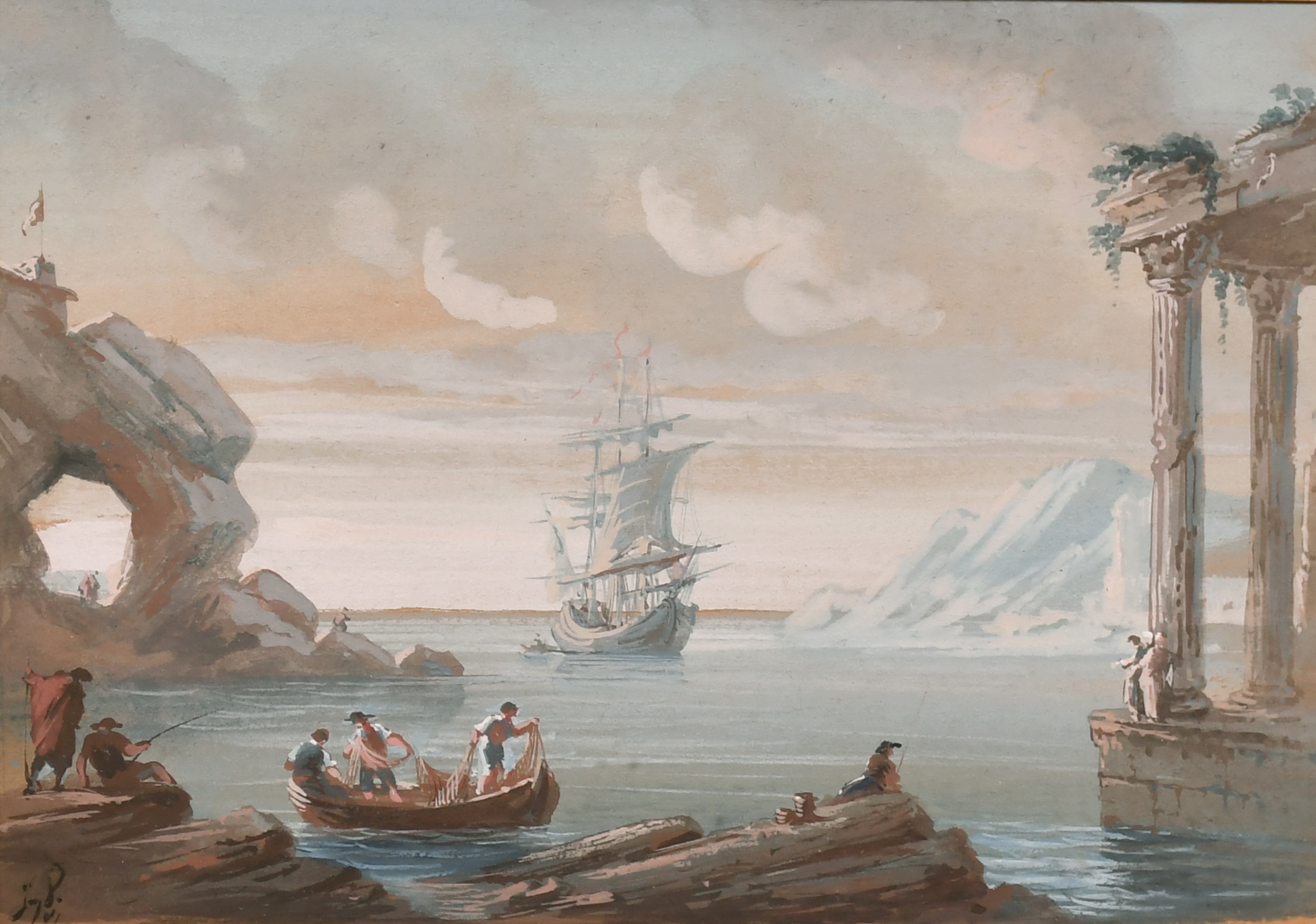 Early 19th Century European School. Figures in a Boat by Classical Ruins with a Ship beyond,