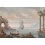 Early 19th Century European School. Figures in a Boat by Classical Ruins with a Ship beyond,