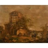 Late 18th Century Dutch School. A River Landscape with Figures on Horseback and Sheep resting in the