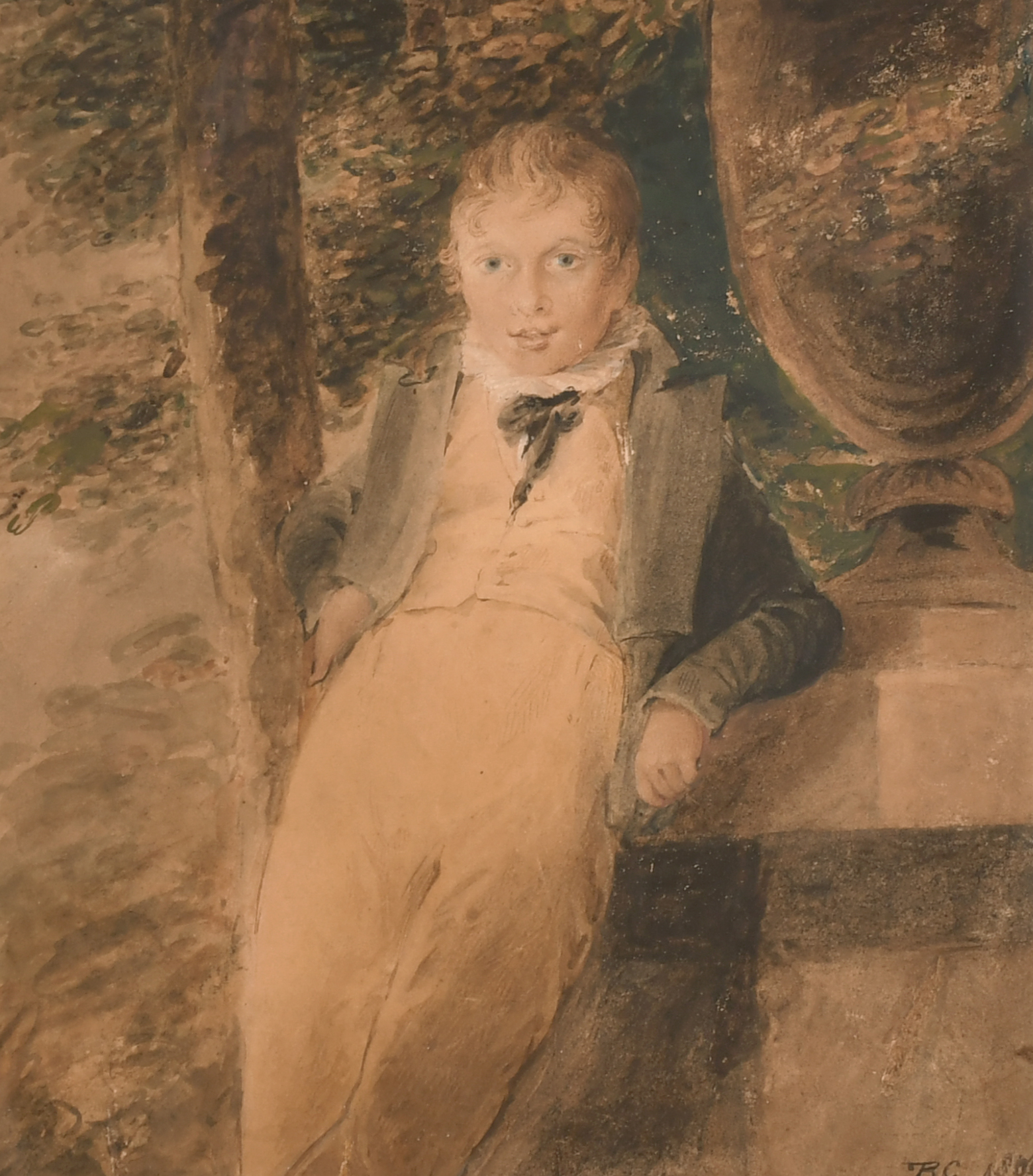 Early 19th Century English School. “Boy Leaning against an Urn”, Watercolour, Signed with