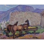 Viktor Fedorovitch Vassine (1919-1997) Russian. “Horses”, at a Farmyard Trough, Oil on Canvas,