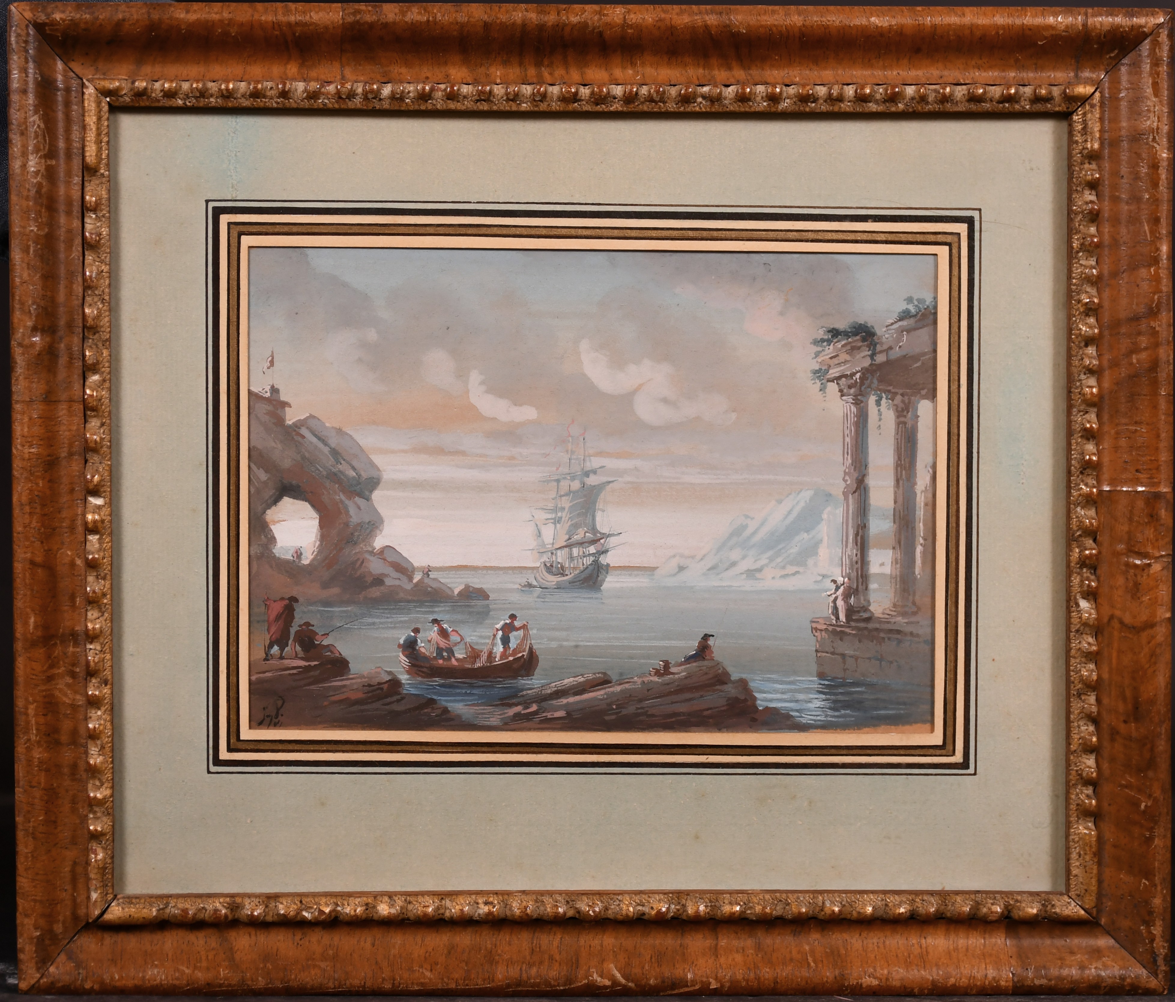 Early 19th Century European School. Figures in a Boat by Classical Ruins with a Ship beyond, - Image 2 of 3