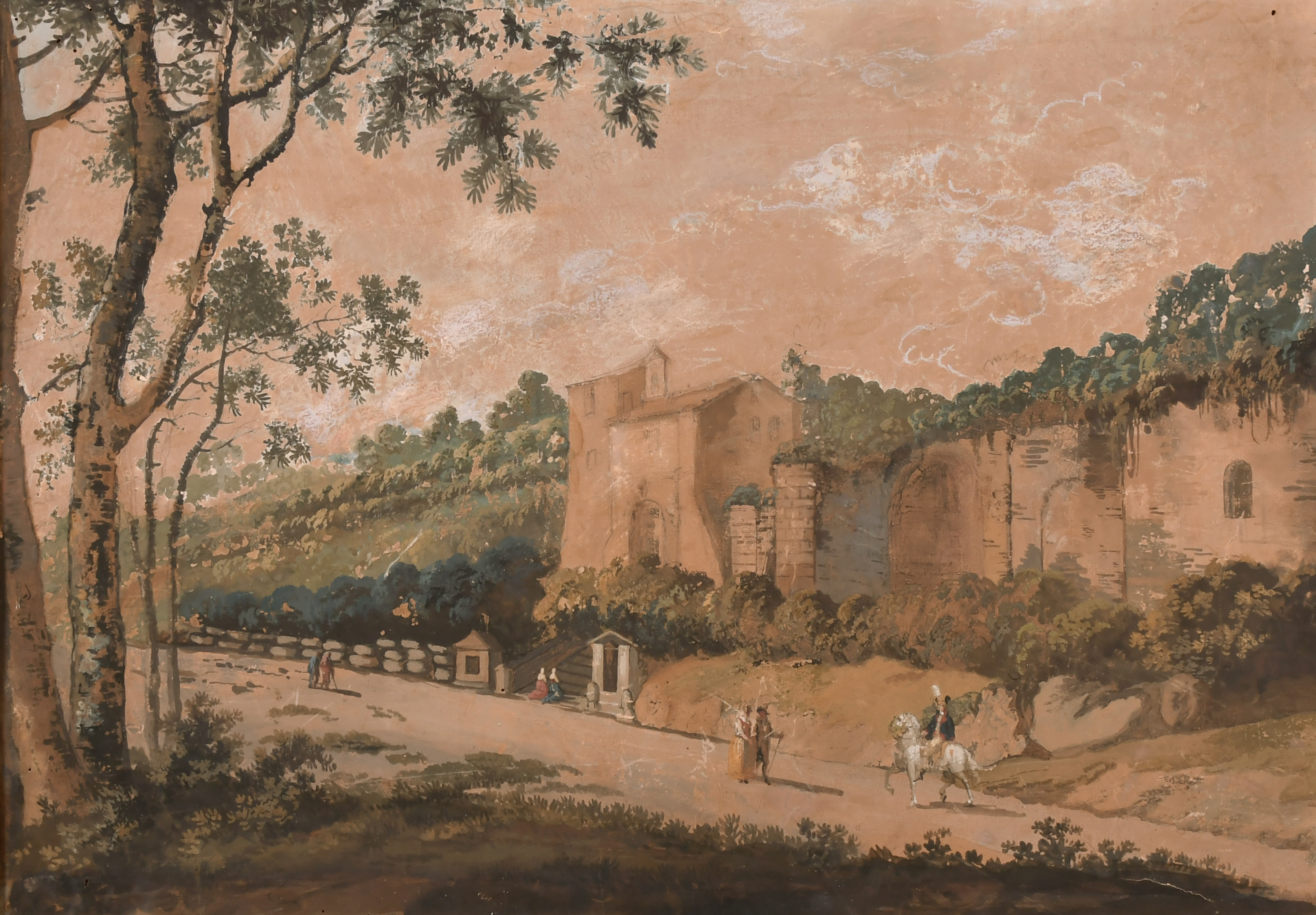 Attributed to Marianna Candidi (18th Century) Italian. Figures in a Landscape, Gouache, 16” x 23” (