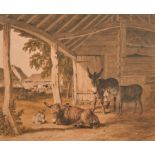 Robert Hills (1769-1844) British. A Farmyard with Donkeys in a Stable, Watercolour, Signed and Dated