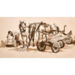 19th Century English School. Study of a Horse and Cart, Watercolour, 4.25” x 8” (11 x 20.2cm)