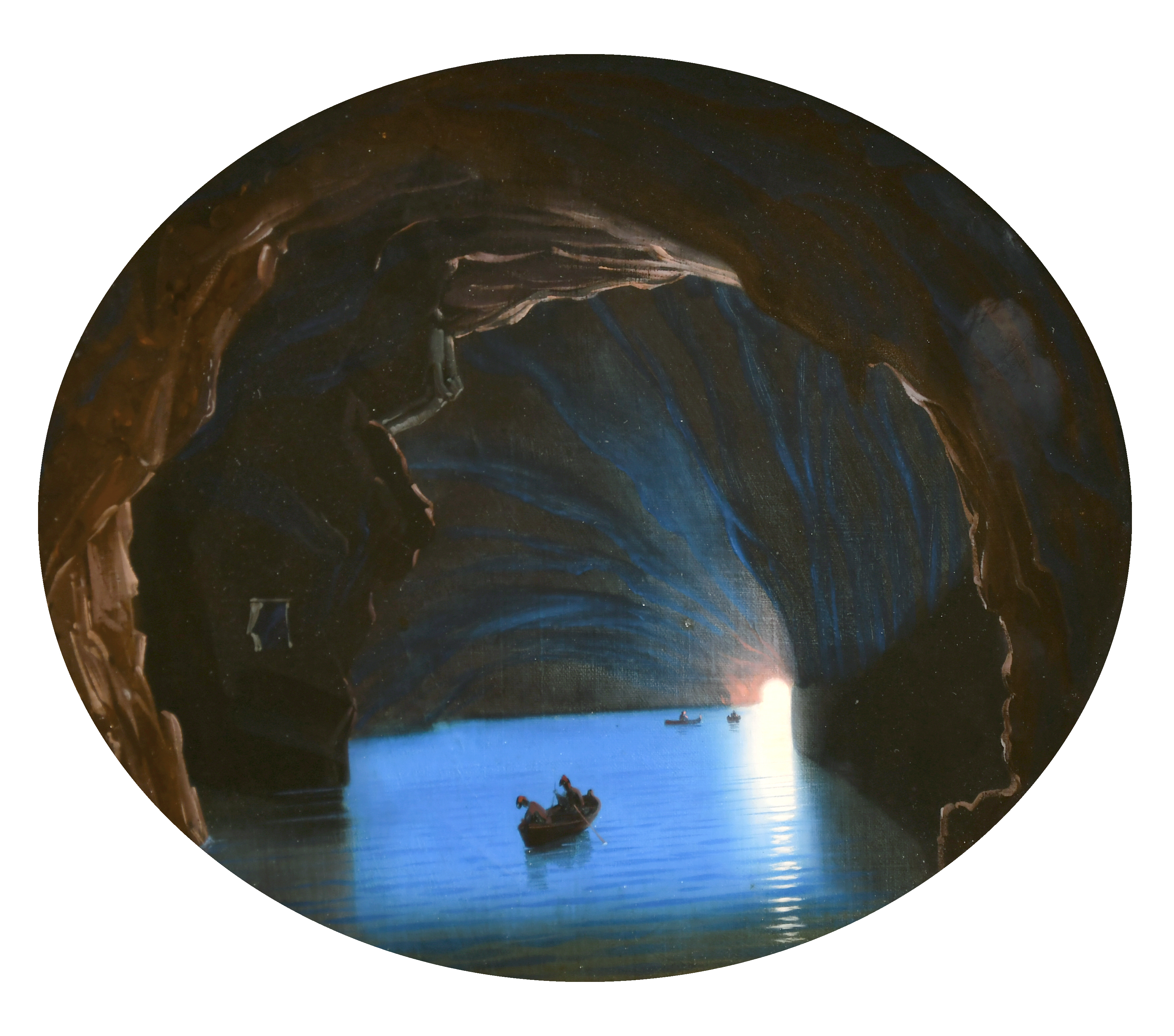 19th Century Italian School. ‘The Blue Grotto’, Oil on Glass backed by Canvas, Inscribed on label on