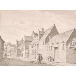Late 18th Century English School. A Street Scene with Figures, Ink and Watercolour, Unframed 4.5”