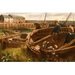 19th Century English School. Young Boys in a Grounded Boat with a Harbour Beyond, Oil on Canvas,