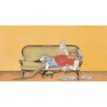 20th Century English School. A Lizard Lying on a Sofa reading Sheet Music, Watercolour, Signed
