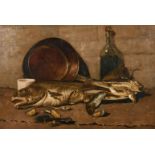 20th Century French School. Still Life of Fish and Fruits de Mer, with a Brass Plate and a Bottle,