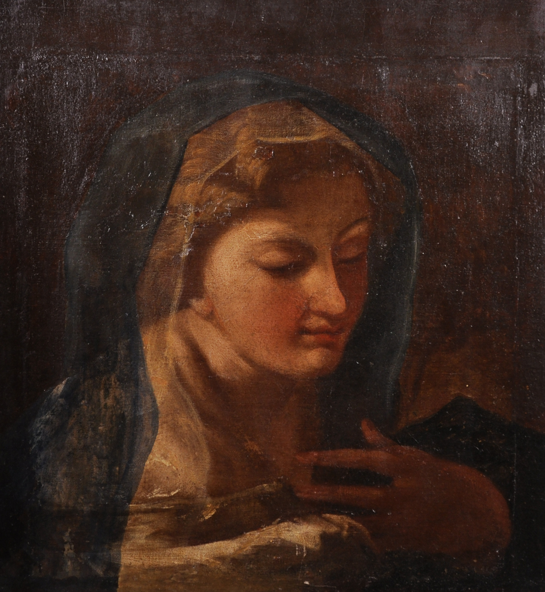 17th Century Italian School. A Madonna with a Blue Veil, Oil on Canvas, Unframed, 17.5” x 16” (44.