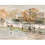 Roland Batchelor (1889-1990) British. “Richmond”, with Figures Fishing, Watercolour, Signed and