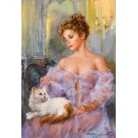 Konstantin Razumov (1974- ) Russian. “My Little Cat”, Oil on Canvas, Signed in Cyrillic, and