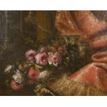 Late 17th Century Neapolitan School. Still Life of Flowers with a Red Silk Curtain draped around