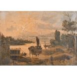 Early 19th Century Italian School. A Harbour Scene with Figures in the foreground, Oil on Paper,