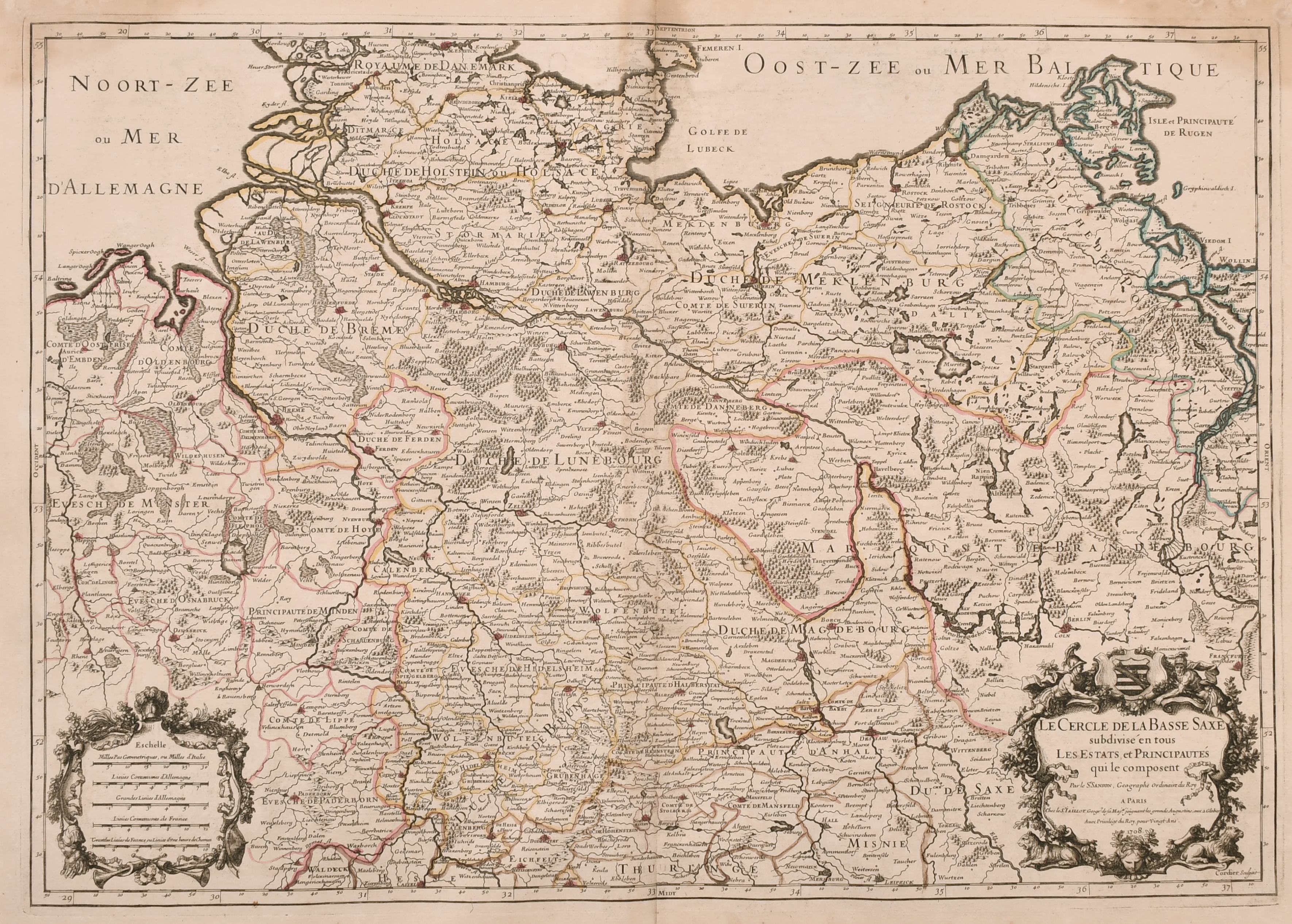 After Alexis-Hubert Jaillot (1632-1712) French “Le Cercle de La Basse Saxe”, Map, 17.5” x 25” (44.