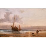 Thomas Lound (1801-1861) British. ‘Fisherfolk on the Beach’, Oil on Board, Signed, 6.5” x 10” (16.