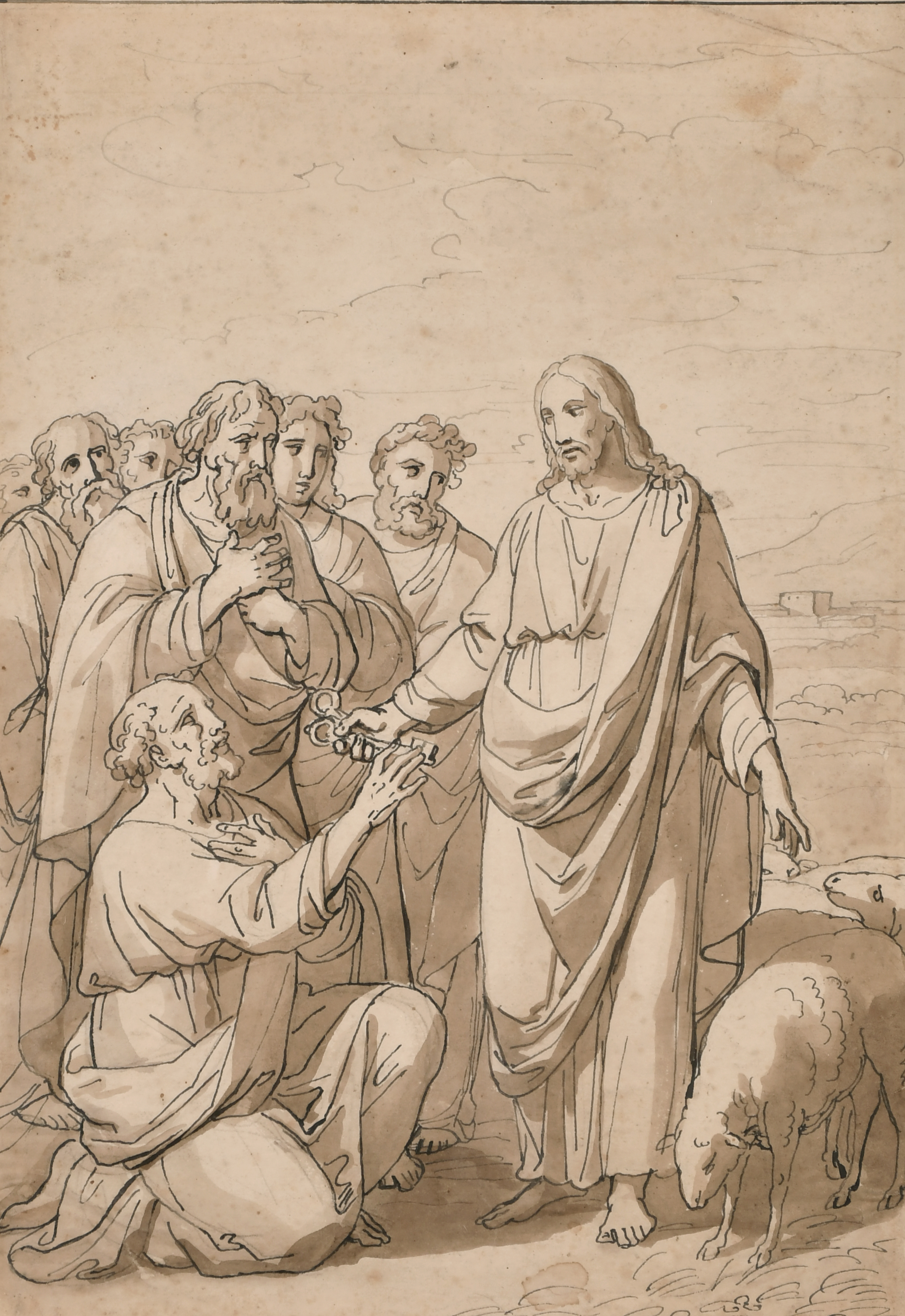Circle of Tomasso Minardi (1787-1871) Italian. Christ Handing the Key to St Peter, Ink and Pencil,