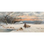 E.M. Hayr (19th Century) British. A Shepherd and his Flock in a Winter Landscape at Sundown, Oil