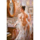 Konstantin Razumov (1974- ) Russian. “In the Bathroom”, Oil on Canvas, Signed in Cyrillic, and