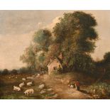 19th Century English School. Figures and Sheep in a Landscape with a Cottage in the distance, Oil on