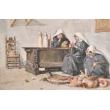19th Century European School. Nuns Crafting in an Interior, Oil on Panel, Unframed 7.5” x 11.5” (