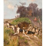 Arthur Wardle (1860-1949) British. “Breaking Cover”, Oil on Canvas, Signed, and Inscribed verso, 30”