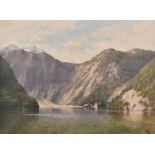 Thomas Matthew Rooke (1842-1942) British. An Alpine Lake Scene, Oil on Canvas, Signed with Monogram,
