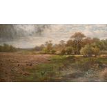 Late 19th Century English School. A Harvesting Scene with Birds Feeding, Oil on Canvas, Signed