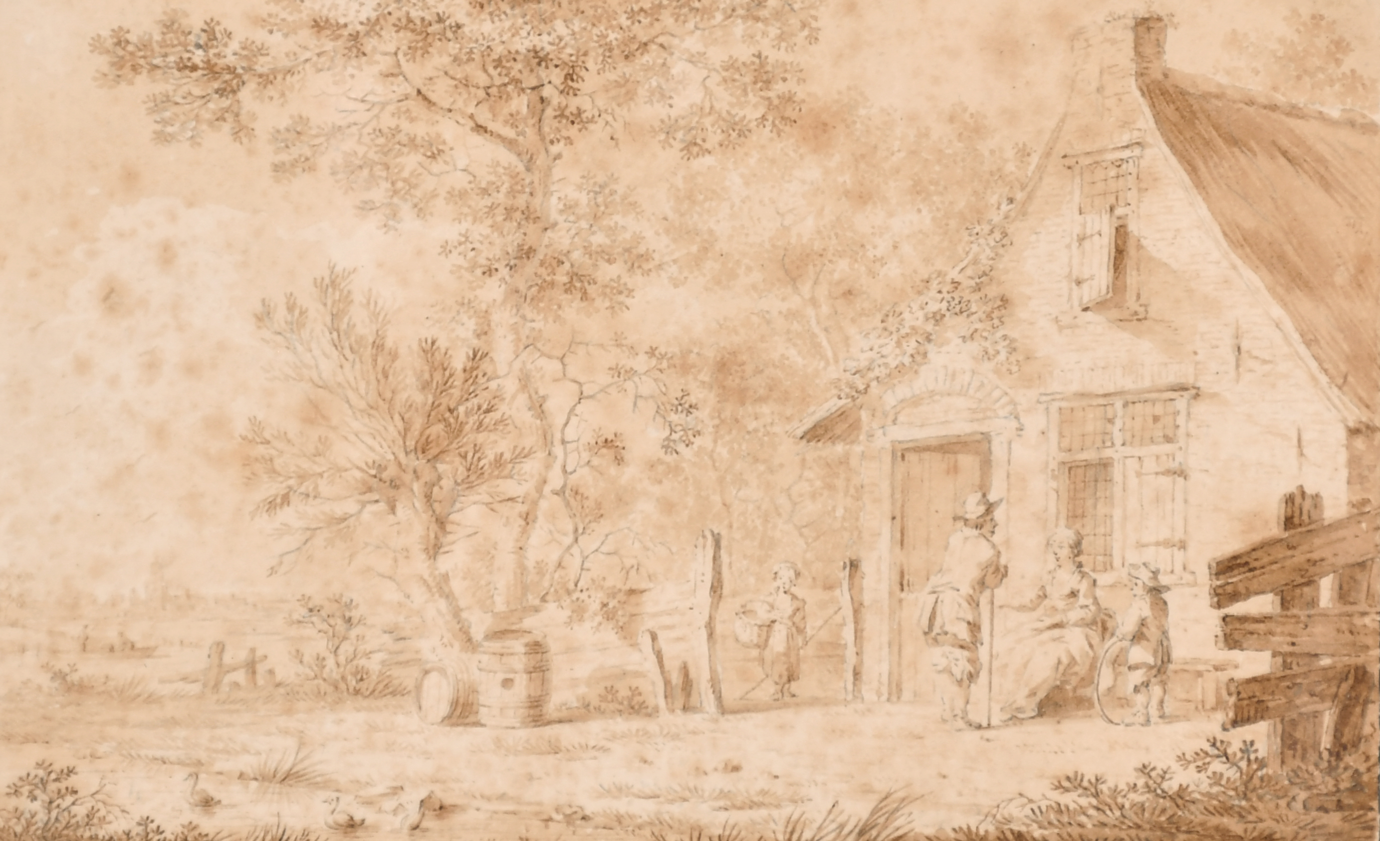 H. Meyer (18th Century) Dutch. Figures outside a Tavern, Watercolour, Inscribed verso, 3.25” x 5.25”