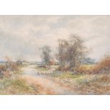 Alexander Molyneux Stannard (1878-1875) British. “The Yardly Road, Bucks”, a Shepherd and Flock on a