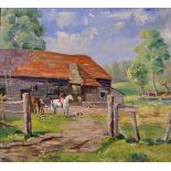 Circle of Frederic Whiting (1874-1962) British. A Farmyard Scene with a Huntsman and Dog, Oil on