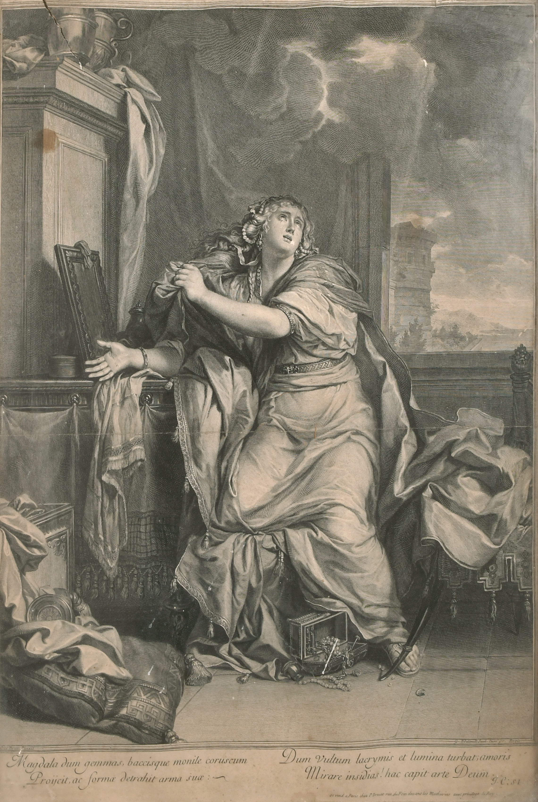 After Charles Le Brun (1619-1690) French. Magdelene in an Interior, Engraving, 20” x 15.5” (50.8 x