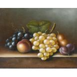 Manner of Oliver Clare (1853-1927) British. Still Life of Fruit on a Ledge, Oil on Panel, 8” x