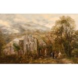 Frederick Henry Henshaw (1807-1891) British. Figures by Church Ruins, Oil on Canvas, Signed, 8” x