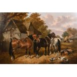 John Frederick Herring (1815-1907) British. A Farm Scene with Horses, Pigs and Ducks, Oil on Canvas,