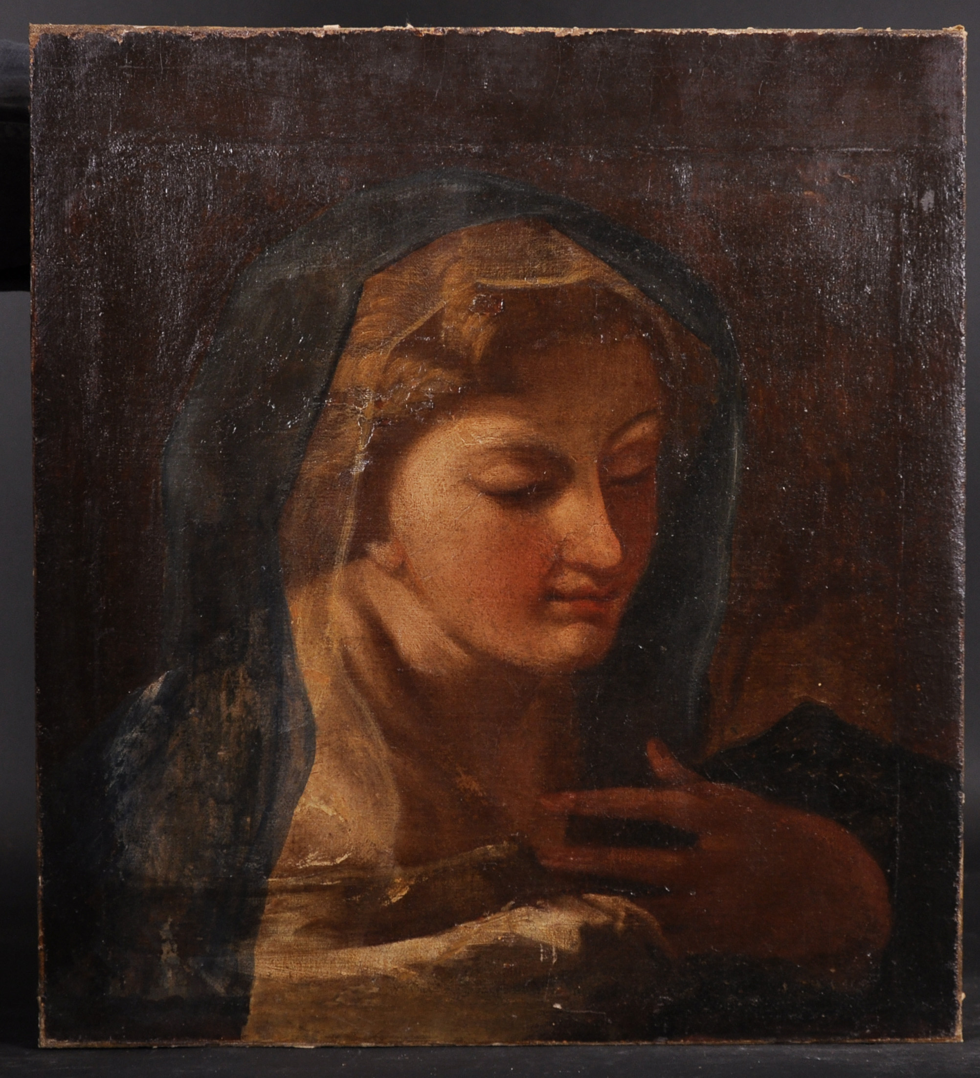 17th Century Italian School. A Madonna with a Blue Veil, Oil on Canvas, Unframed, 17.5” x 16” (44. - Image 2 of 3