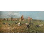 19th Century Italian School. ‘Feeding the Turkeys’, Oil on Canvas, 12.75” x 25.25” (32.3 x 64cm)