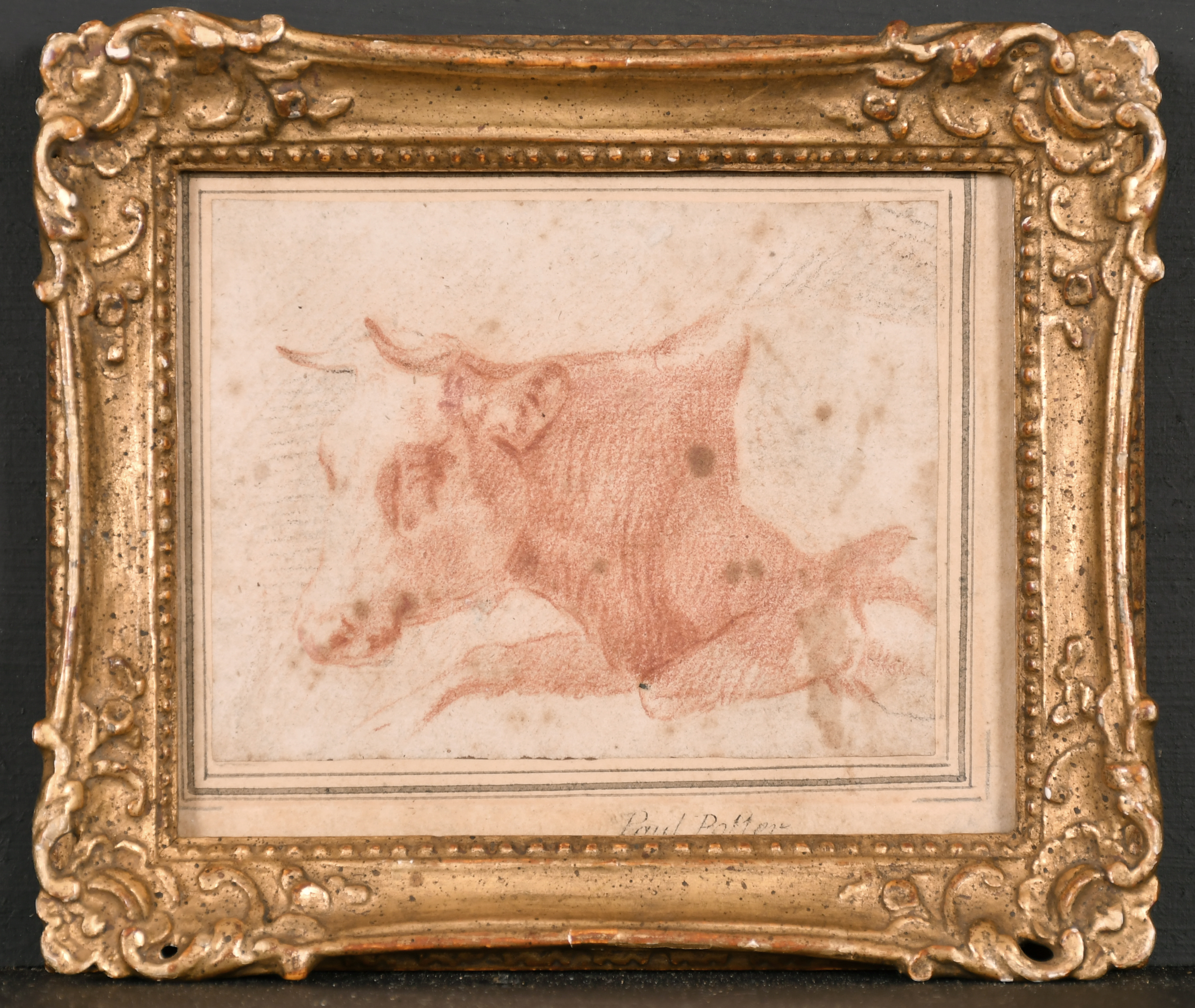 Circle of Paulus Potter (1625-1654) Dutch. Study of a Cow, Sanguine, Inscribed on Mount, In a carved - Image 2 of 4