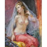 Konstantin Razumov (1974- ) Russian. "The Odalisque", semi naked Lady in her Boudoir, Oil on Canvas,