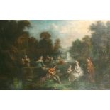 Manner of Jean-Antoine Watteau (1684-1721) French. A Musical Soiree, Oil on Canvas, 35.5” x 54” (