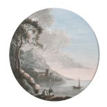 Late 18th Century Dutch School. A Coastal Scene with Figures in the foreground, Gouache, Circular 9”