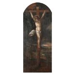 17th Century European School. Christ on the Cross, Oil on Panel, in a carved wood Frame, Arched 17.